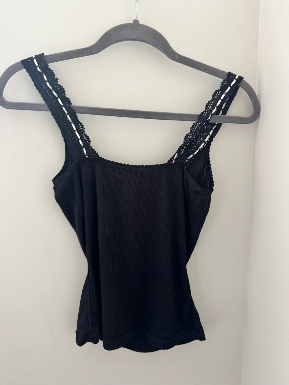 Free People Black Lace-Trim Ribbed Tank